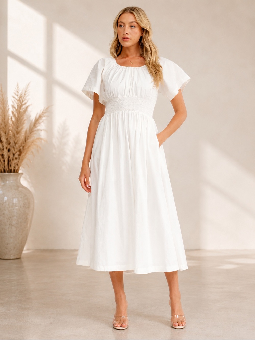 White Cotton Smocked Waist Maxi Dress with Pockets | Boutique NWT L